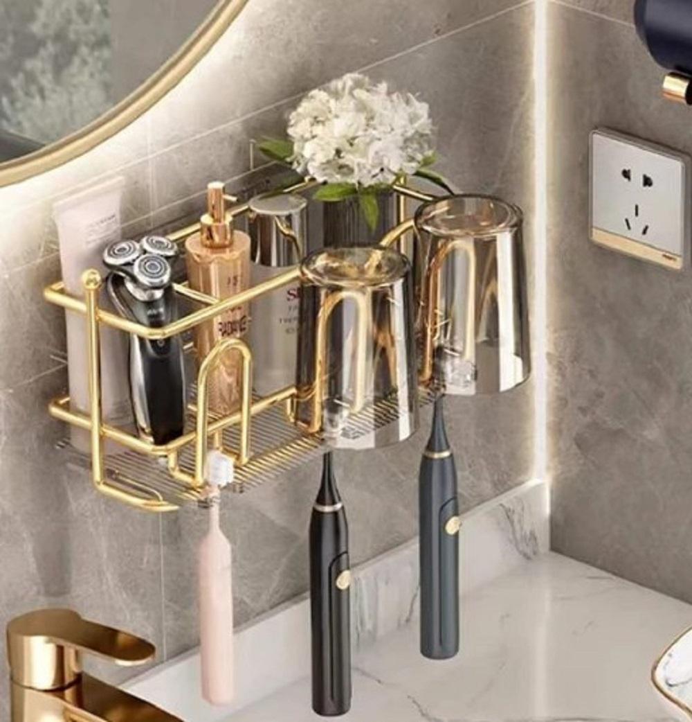 Golden Toothbrush Rack – Wall-Mounted Bathroom Storage Shelf