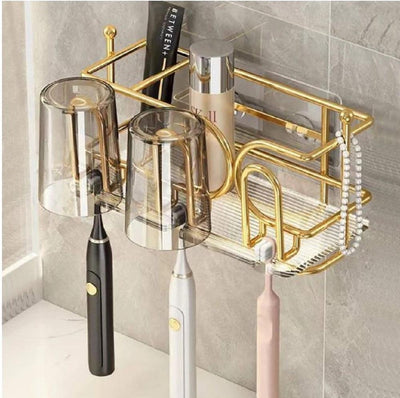 Golden Toothbrush Rack – Wall-Mounted Bathroom Storage Shelf